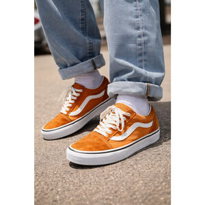 Vans Old Skool Orange White Suede Canvas Sneakers Mens 7 Womens 8.5 Skate Shoes